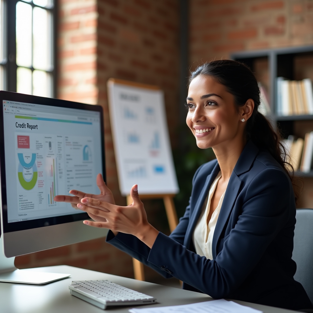 Financial educator presenting credit history concepts during a live online session